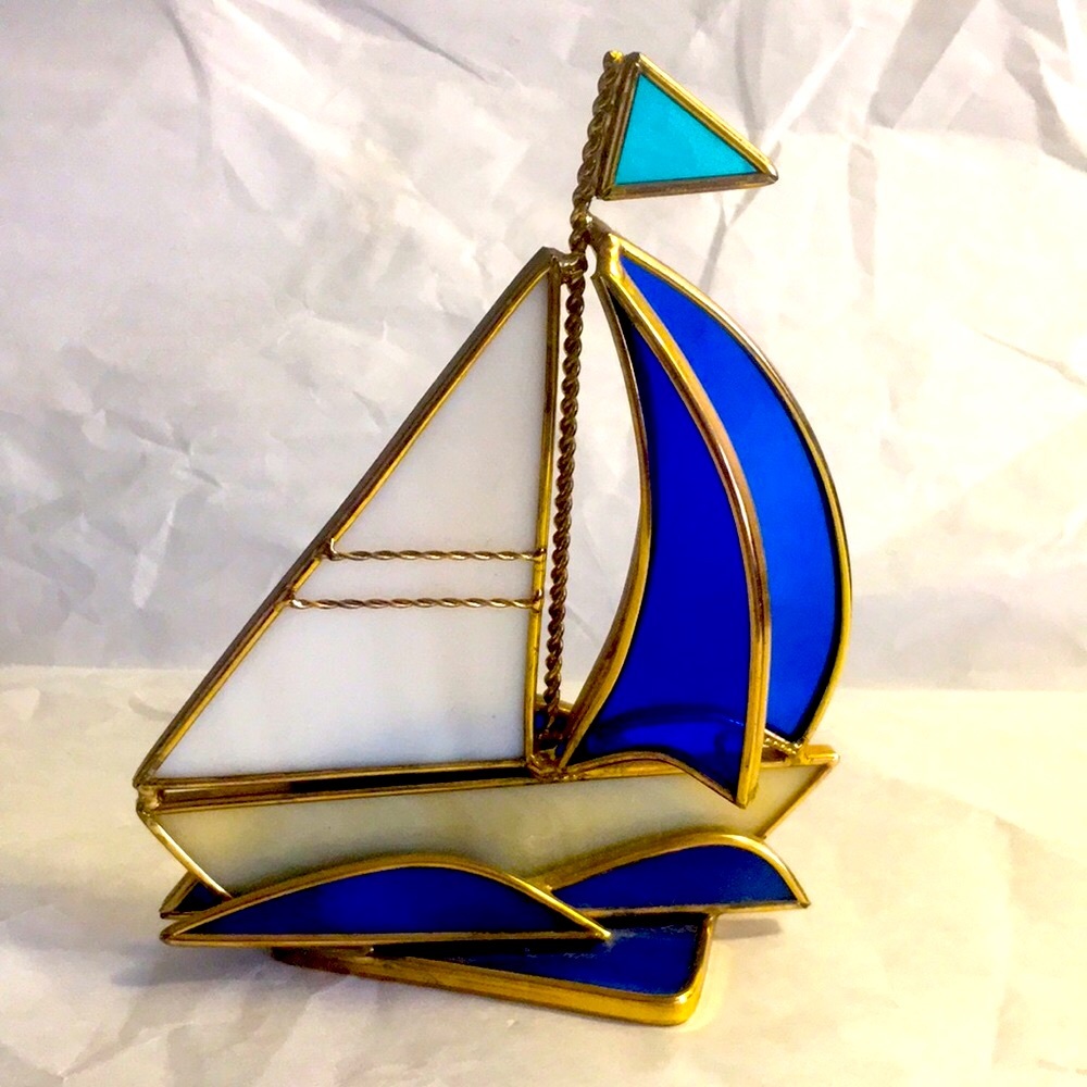 Handcrafted 3D Stained Glass Sailboat Brass Plated Frame